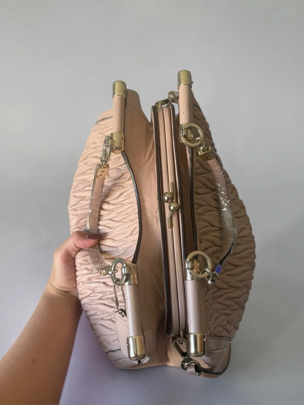 Coach Madison Carrie 27681 Gathered Leather Satchel Shoulder Bag in Blush Pink